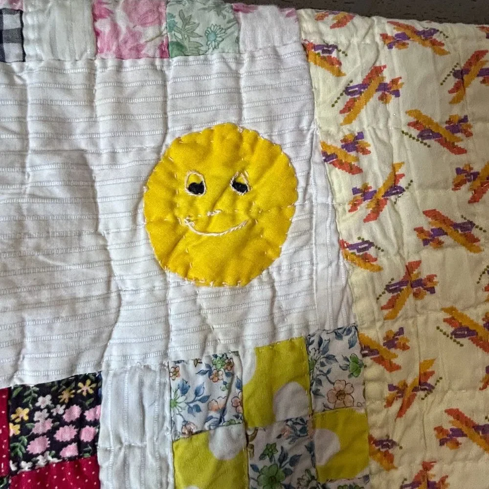 Vintage 90s Handmade Hand-quilted Applique Colorful Baby/Child Crib Quilt